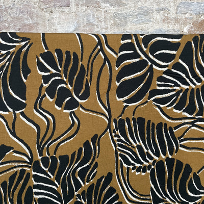 Pecan Brown Viscose Fabric with Black leaves By Atelier Jupe