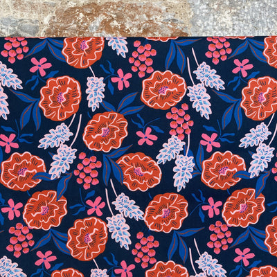 Fresh Flowers Navy Fine Poplin Fabric by Nerida Hansen