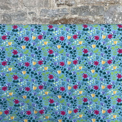 Spring Flowers Blue Cotton Jersey Fabric