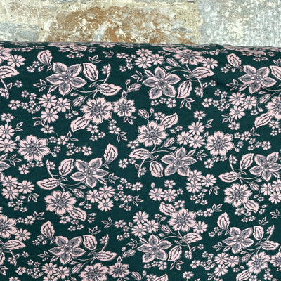 Pink Flowers Teal Soft Sweat Fabric by Poppy