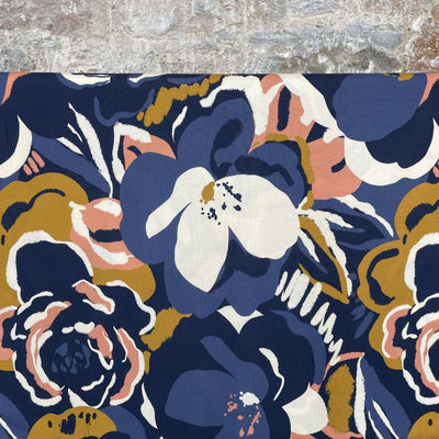 Blue Viscose with Painted Flowers Fabric By Atelier Jupe